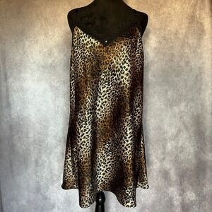 Vtg 90s Y2K Mini Slip Dress L Leopard Print Black Lace Trim Pearls Babydoll Sexy